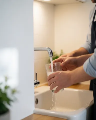Plumber filling a glass with clean water from a kitchen faucet