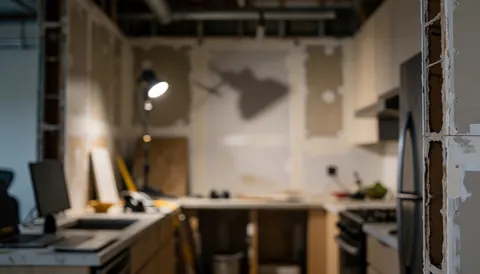 Exposed drywall and wooden framing in a kitchen undergoing renovation, suitable for modern kitchen installer backgrounds.