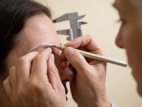Professional drawing a white line on a client's eyebrow with a metal calibrator in the background at a microblading salon