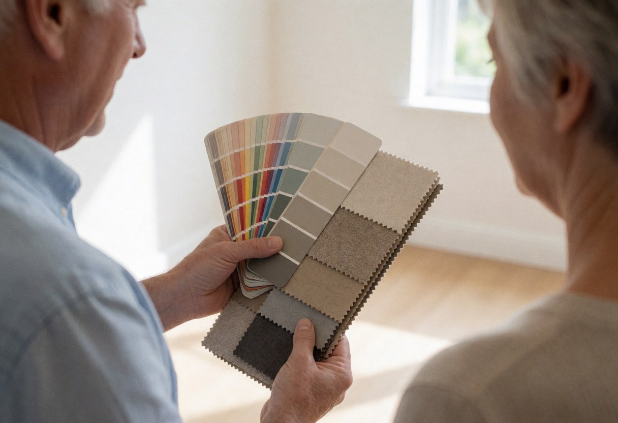A painter displays color and texture samples to a client in an empty room with white walls and natural light.