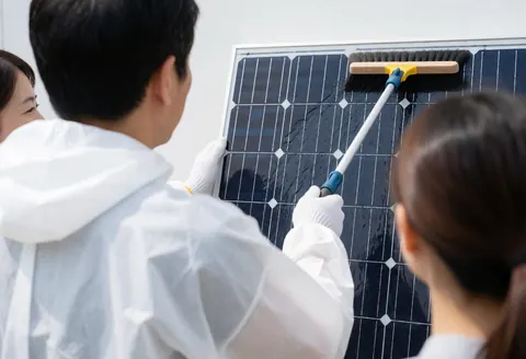 Technician in white suit cleaning a solar panel with a long brush against a white background for solar repair service