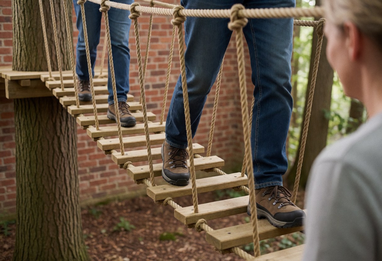 Mountain shoes on wooden planks of a rope bridge surrounded by trees and a red brick wall in an outdoor adventure park setting