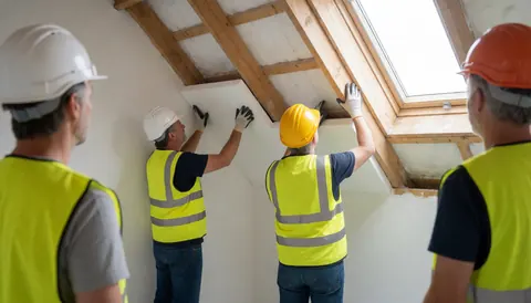 Workers wearing safety vests and helmets install thermal insulation between wooden roof beams in a sloped roof with natural light.