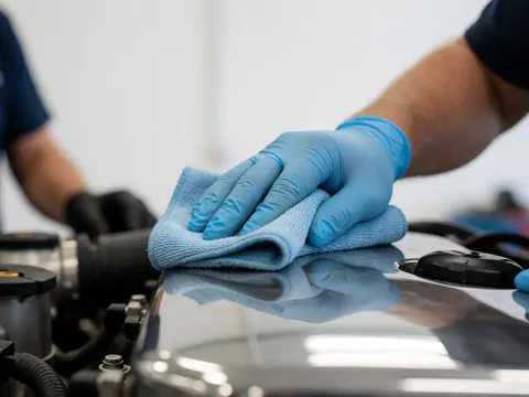 Close-up of a hand wearing a blue glove wiping a polished metal engine component in an auto body shop with white walls and reflected lights.