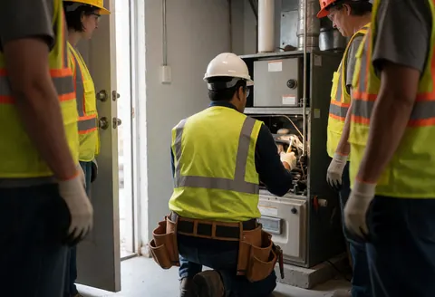 Technician wearing helmet and vest repairing a boiler in a basement while other workers observe the heating repair service.