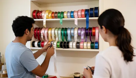 Event decorators cutting colorful satin ribbon on organized shelves in a warm white studio workspace