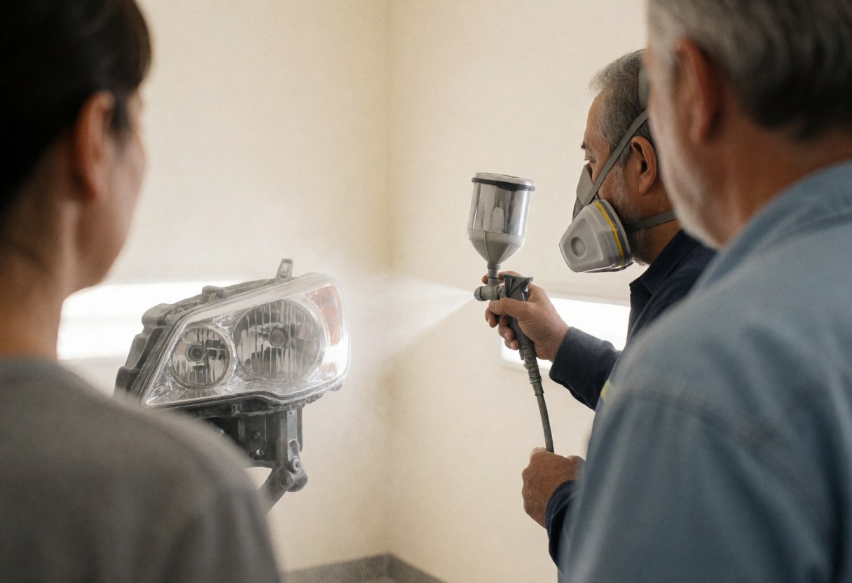 A technician wearing a mask applies spray paint to a car headlight in a workshop with white walls while two people observe the work.