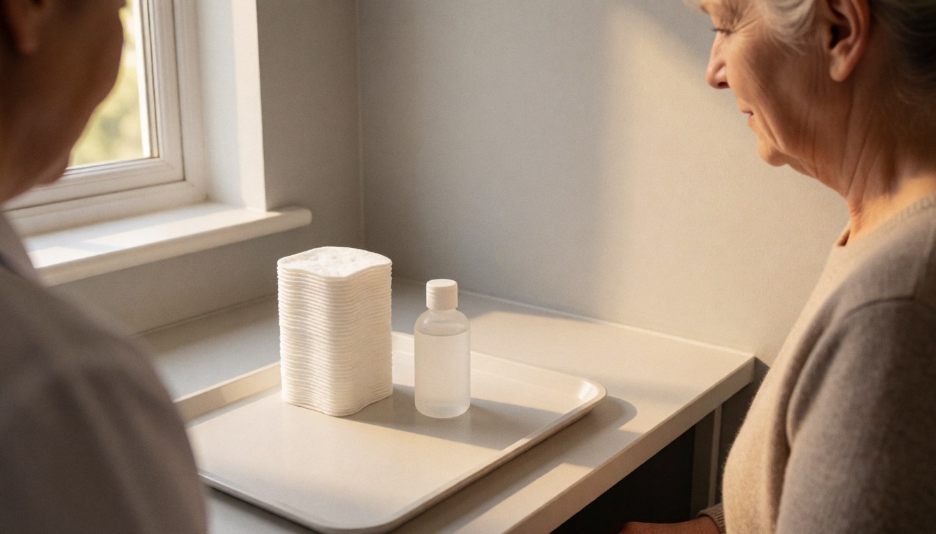Cotton pads and saline solution arranged on a tray in a clean, naturally lit microblading studio