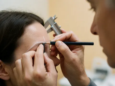 Close-up of a microblading artist using a pencil to draw a precise white guideline on a client's eyebrow during a service session