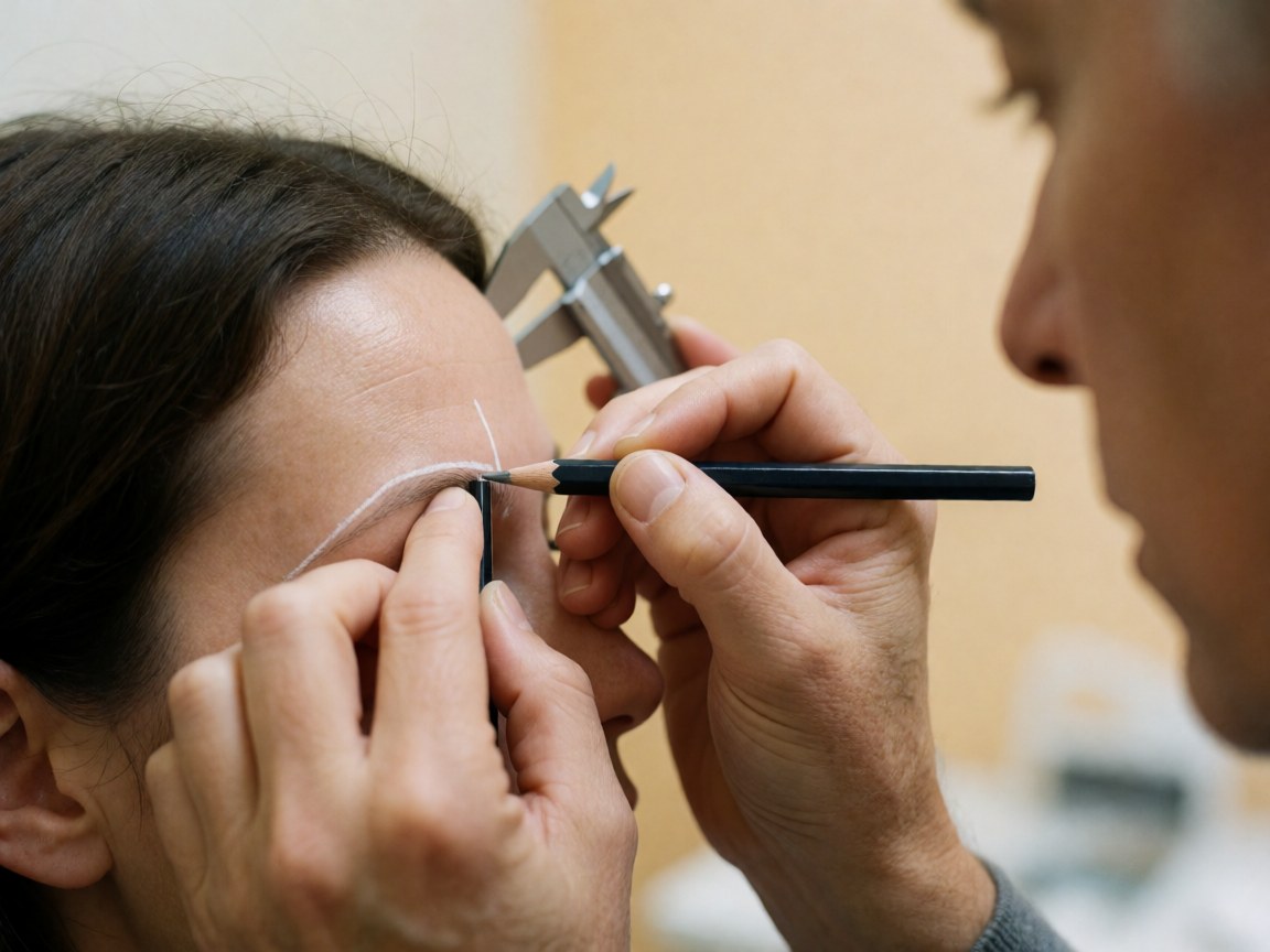 Close-up of a microblading artist using a pencil to draw a precise white guideline on a client's eyebrow during a service session