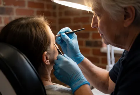 Close-up of a microblading artist wearing blue gloves using a brush on a client in a salon with a brick wall and focused lighting.
