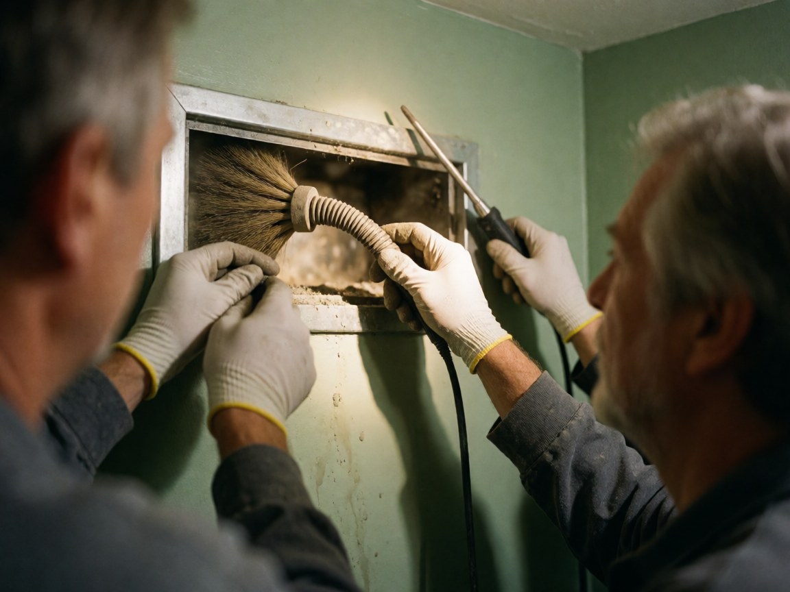 Close-up of gloved hands using a flexible brush to clean a heating duct during a repair service