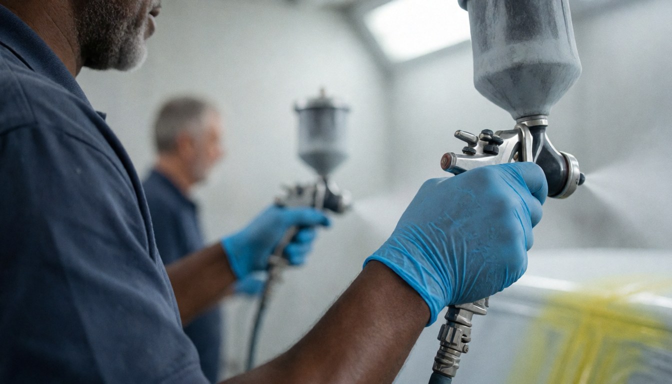 Close-up of a hand wearing a blue glove using a spray gun to apply paint in an auto body shop with a blurred background.