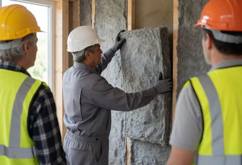 Worker wearing gloves and hard hat installs thermal insulation on a wooden wall while two colleagues observe the construction work.