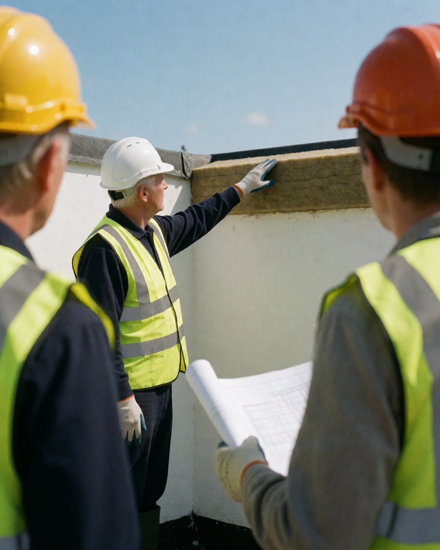 Worker in safety gear checks thermal insulation layer on a white roof while a colleague reviews plans under a clear blue sky.