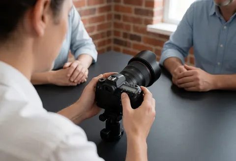 Photographer adjusting a professional camera lens while clients observe in a photography workshop setting