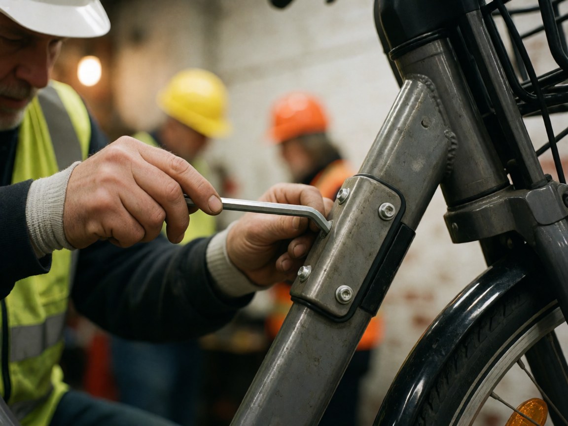 Mechanic wearing helmet and vest uses hex key to tighten bolts on bicycle frame in workshop