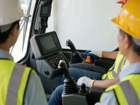 Close-up of crane operator hands on control levers with digital display, colleagues observing from outside the cabin