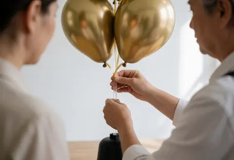 Close-up of hands arranging metallic gold balloons against a clean white wall background for event decoration services