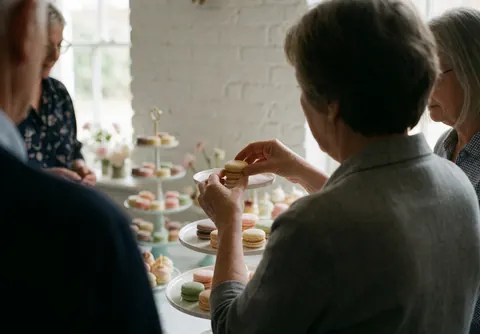 Professional placing macarons on cake stand with white brick wall and natural light for wedding planner service