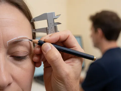 Professional hand using a precise brush and metal caliper to draw a white line on an eyebrow during a microblading service in a salon.