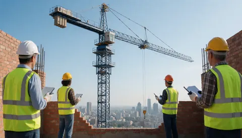A tower crane operates at a busy construction site with workers wearing safety gear visible in the foreground and a city skyline in the background.