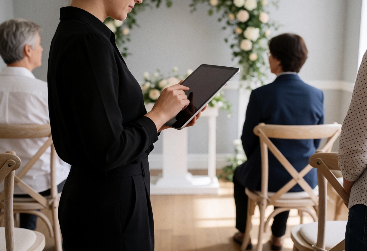 Wedding planner reviewing a tablet near the altar with a floral arch and wooden chairs against a light gray wall
