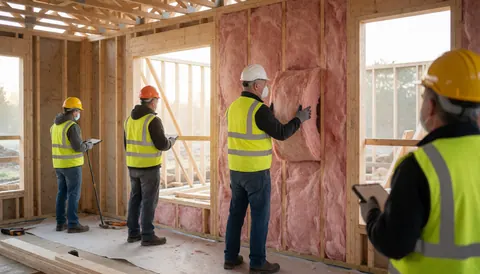 Workers wearing helmets and yellow vests install pink thermal insulation between wooden beams during construction.