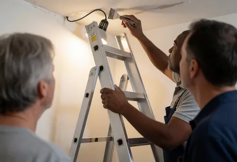 Worker on ladder repairing ceiling with scissors while two people observe in a room with white walls