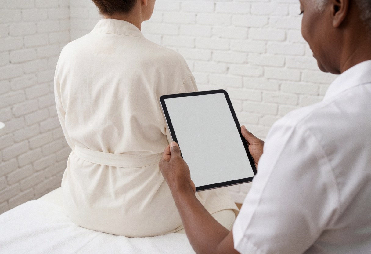 A professional reviews data on a tablet while a client waits on a treatment table in a modern laser hair removal clinic with a white brick wall background.