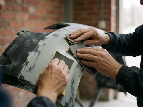 Close-up of hands sanding gray filler on a plastic bumper against a red brick wall during auto body repair.