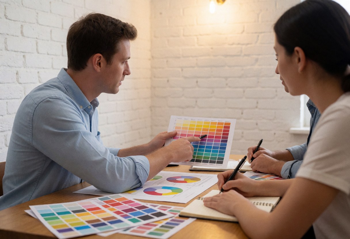 Two professionals review a color palette on a wooden table in an office with white brick walls during an event decoration service.