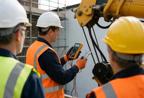 Technician in yellow crane checks connections using a multimeter and wrenches while other workers observe the maintenance service.