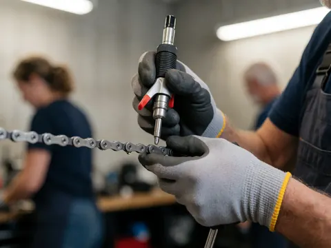 Close-up of a gloved hand applying lubricant to a bicycle chain during maintenance in a workshop