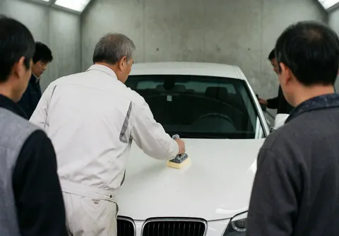 Technician applying paint to a white car hood in a concrete workshop while others observe the service.