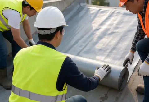 Workers in safety gear install a waterproofing membrane on a rooftop surface during a construction project