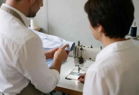 Shirt tailoring process using a sewing machine to repair and adjust garments for professional service.