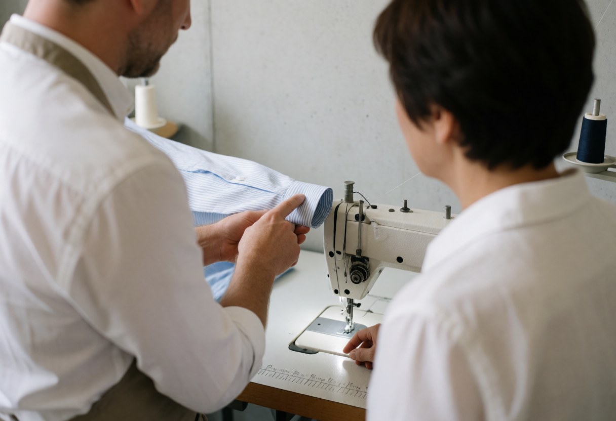 Shirt tailoring process using a sewing machine to repair and adjust garments for professional service.