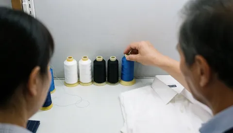 Close-up of a hand choosing blue thread from white and black spools for shirt repair in a sewing workshop.