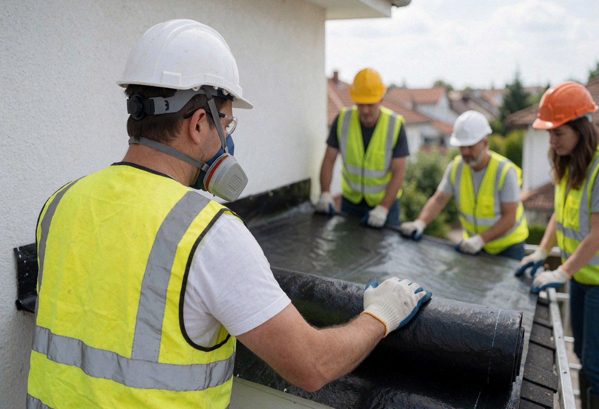 Workers in safety gear install a black membrane on a white residential roof with suburban background