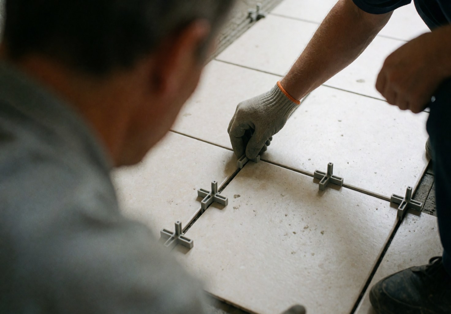 Close-up view of a gloved hand placing a T-shaped spacer between ceramic floor tiles during a flooring installation service.