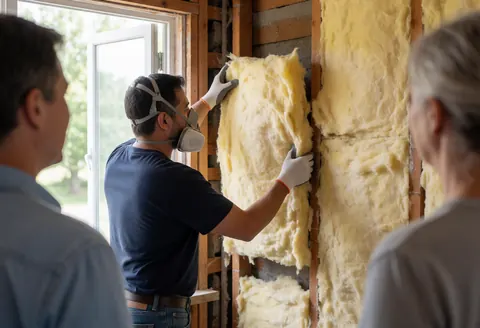 A technician installs yellow fiberglass insulation into a wooden frame during a thermal insulation service, with natural light and dust particles visible.