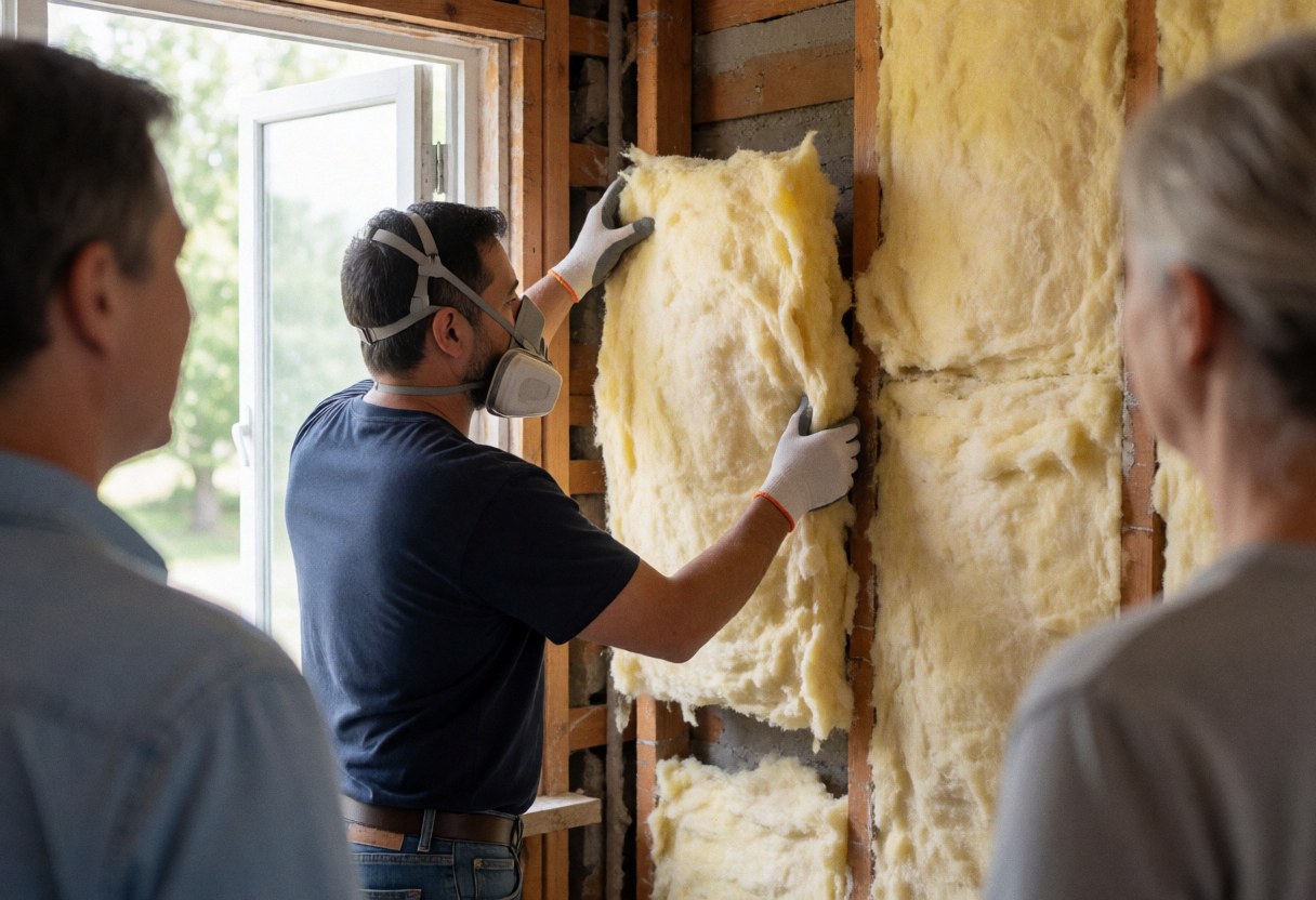 A technician installs yellow fiberglass insulation into a wooden frame during a thermal insulation service, with natural light and dust particles visible.