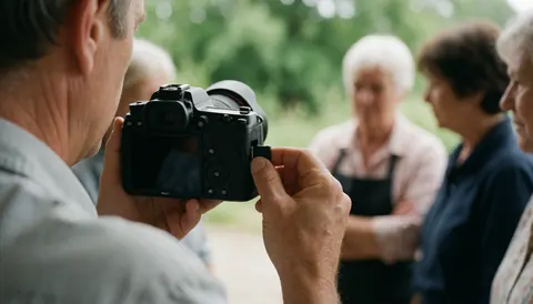 Professional photographer holding a camera outdoors, capturing images of a group in a natural setting, ideal for photography workshops.