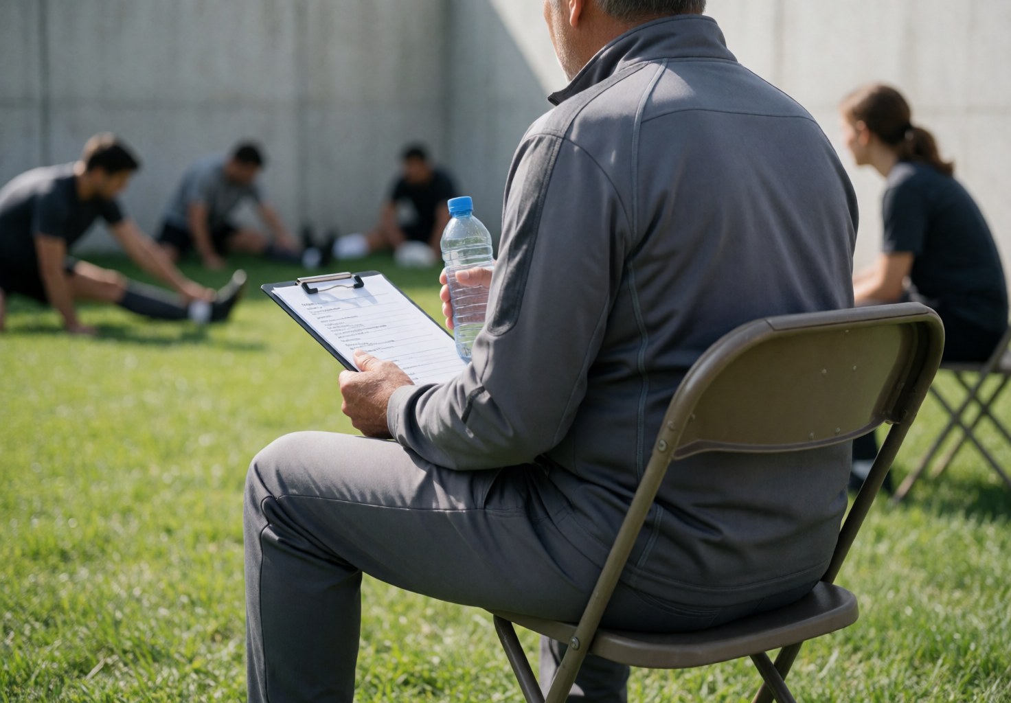 Soccer coach holding a whiteboard while watching players stretch on the grass field