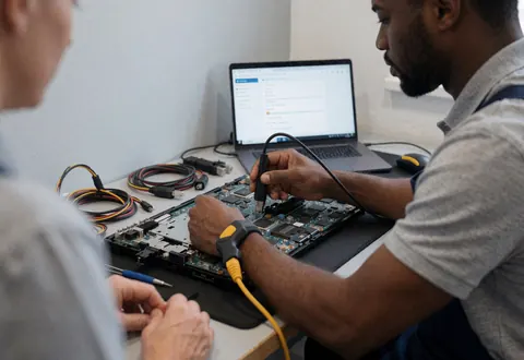 Technician uses multimeter to measure a computer motherboard during a repair service while a client observes nearby