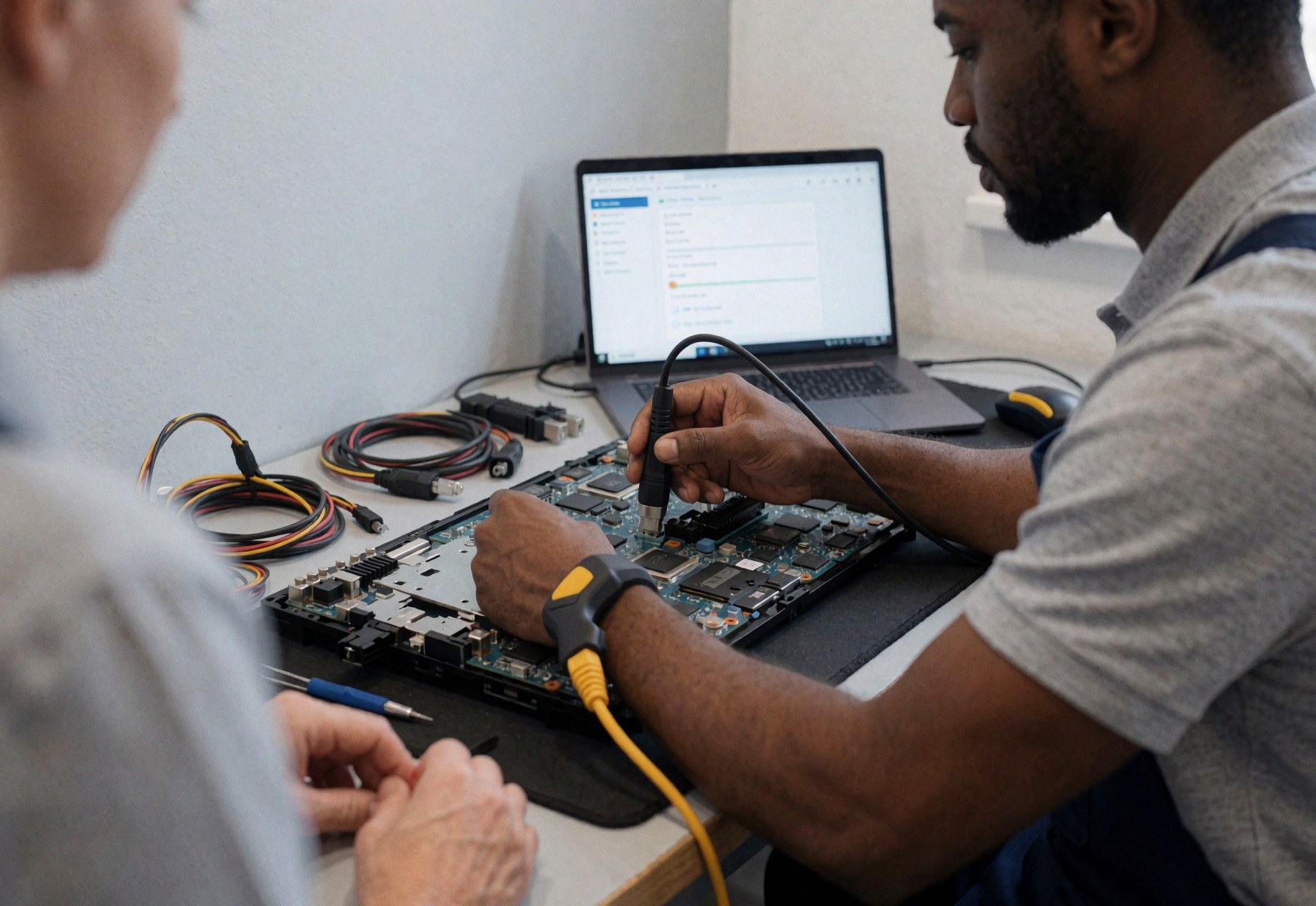 Technician uses multimeter to measure a computer motherboard during a repair service while a client observes nearby