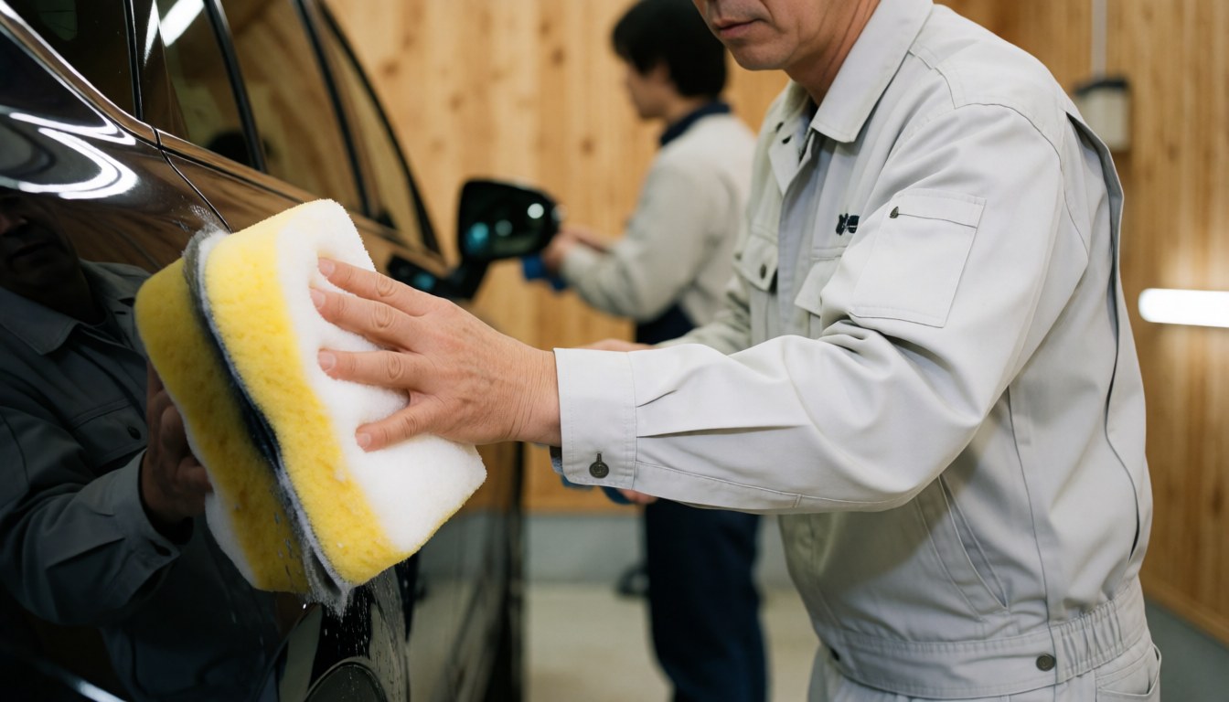 Worker in uniform cleaning a dark car with a yellow sponge in a car wash shop with light wood walls
