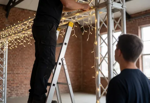Technician installing warm LED lights on a metal truss in a brick-walled hall for event lighting service