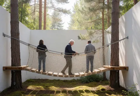 Three individuals walking across a wooden suspension bridge between two trees with safety nets and white walls in an adventure park.